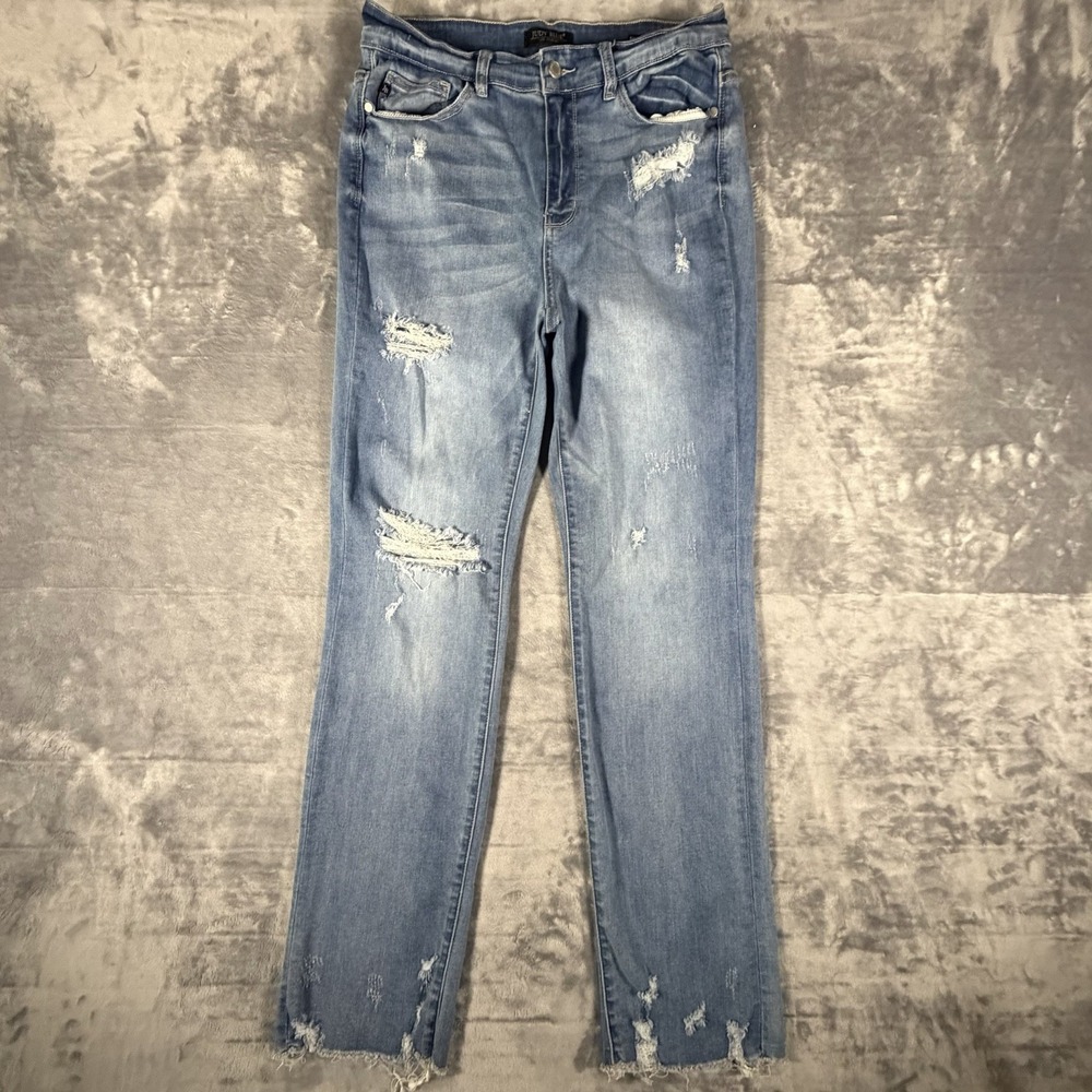 Judy Blue Jeans Women's 14W Blue Denim Stretch Frayed Distressed Straight Fit